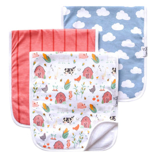 Copper Pearl farm print burp cloths with cows and barns, soft cotton front with absorbent fleece backing