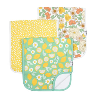 Lemon and floral print baby burp cloths with mint green yellow white polka dot designs
