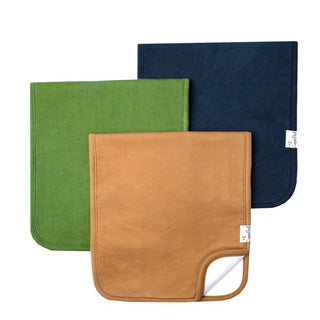 Solid tan olive green navy blue burp cloths set, soft cotton texture with rounded corners