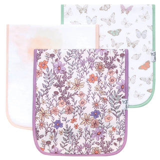 Botanical wildflower butterfly silhouette burp cloths with lavender mint green trim