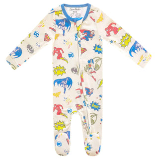 DC Comics superhero graphic baby footie pajamas with two-way zipper