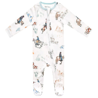 Western cowboy and cactus watercolor print baby footie pajamas