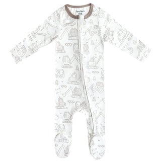 Monochrome gray line art construction vehicle baby footie pajamas