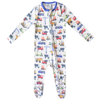 Colorful construction vehicle print baby footie pajamas for toddlers