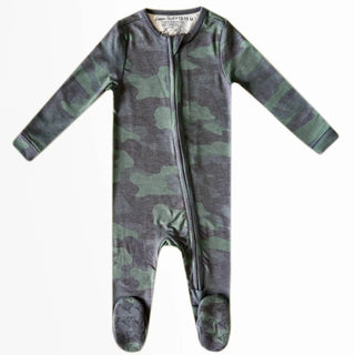 Gray olive camouflage pattern baby footie pajamas with enclosed feet