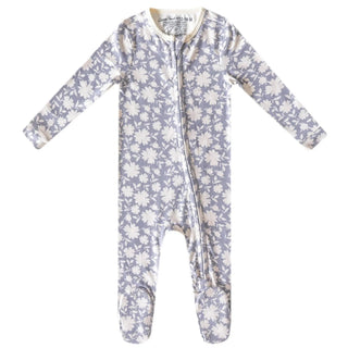 Dusty lavender floral baby footie pajamas with two-way zipper and enclosed feet