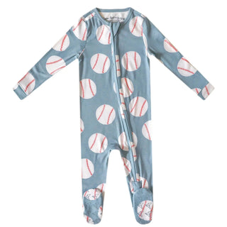 Light blue baseball print baby footie pajamas with red stitching detail