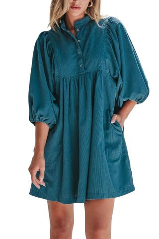 Umgee teal corduroy shift dress with puffed three-quarter sleeves, frilled neckline, and front pockets