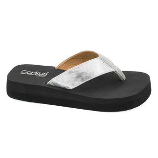 Silver flip flop with black cork bottom
