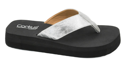 Silver flip flop with black cork bottom