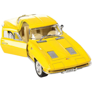 Yellow 1963 Chevrolet Corvette Stingray die-cast model with open doors