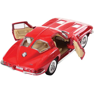 Red 1963 Corvette Stingray diecast model car with open doors showing tan interior