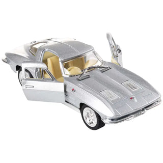 Silver 1963 Corvette Stingray diecast model car with open doors