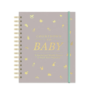 Studio Oh Countdown to Baby spiral-bound pregnancy journal and weekly planner in gray with gold foil icons