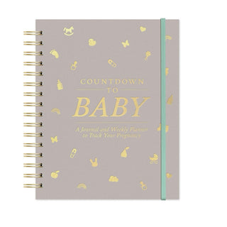 Countdown to Baby pregnancy journal and weekly planner with gold foil icons on gray cover
