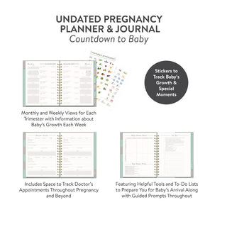 Undated Countdown to Baby Pregnancy Planner and Journal showing weekly views, doctor visit tracking, and stickers