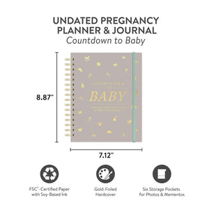 Studio Oh Countdown to Baby undated pregnancy planner journal, gray hardcover with gold foil icons, 8.87 by 7.12 inches