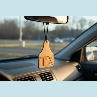 Cow Tag Air Flair hanging from a car rearview mirror