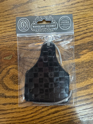 Black checkered leather cow ear tag air freshener, mahogany coconut scent, packaged