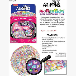 Crazy Aaron's 1 Pound Mega Tin packaging showing limited edition flower finds with magnifying glass graphic for hidden critters