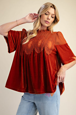 Crochet Accent Velvet Top