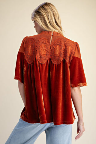 Crochet Accent Velvet Top