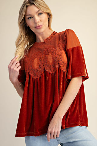 Crochet Accent Velvet Top