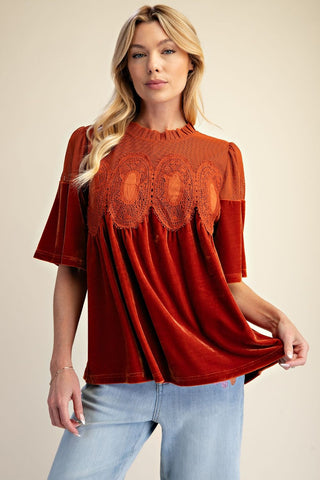 Crochet Accent Velvet Top