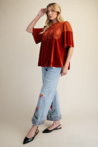 Crochet Accent Velvet Top