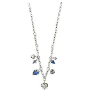 Silver link necklace with blue enamel cross and heart charms