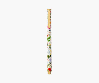 Rifle Paper Co. Curio rollerball pen with white botanical floral pattern and gold accents