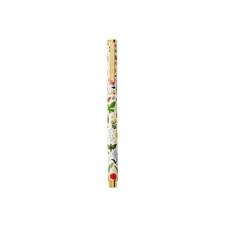 Rifle Paper Co. Curio rollerball pen with white botanical floral pattern and gold accents