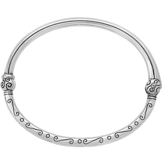 Brighton silver bangle bracelet with decorative scrollwork pattern and ornamental end caps