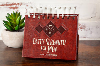 Brown imitation leather coil-bound perpetual devotional calendar titled Daily Strength for Men 365 Devotions