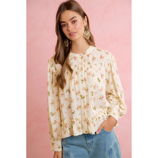 BiBi cream floral long-sleeve peplum blouse with pintuck detail and ruffle hem