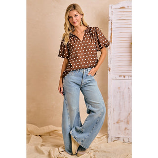 Mocha brown polka dot short puff sleeve V-neck blouse with ruffle collar