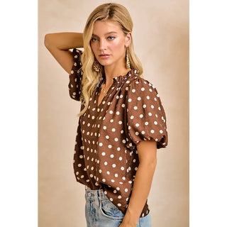 Mocha brown polka dot ruffle neck puff sleeve blouse with white dots