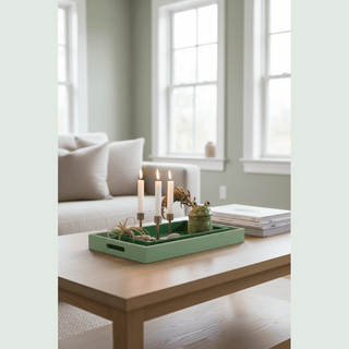 Decorative Hobnail Edge Green Trays on coffee table with candles and decor items