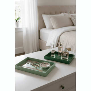 Decorative Hobnail Edge Green Trays on vanity with jewelry and perfume