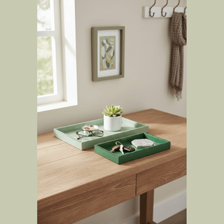 Decorative Hobnail Edge Green Trays on entryway table with keys and small items