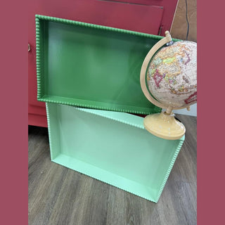Deep forest green and mint green decorative hobnail edge trays with textured beaded rims for coffee table styling