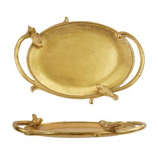 Gold decorative oval resin tray with handles and 3D bird figurines, shown from top and side angles.