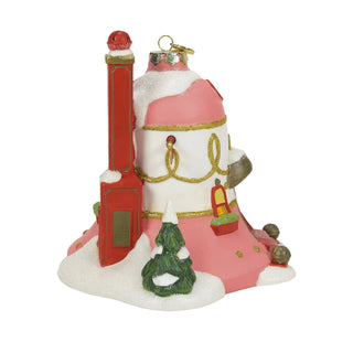 Side view of pink and white bell-shaped Belle ornament house showing layered depth and hanging loop detail
