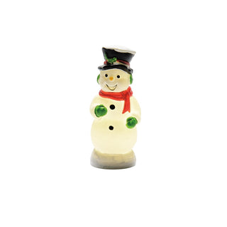 Department 56 ceramic snowman figurine with black top hat, red scarf, and green mittens