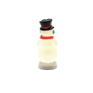 Department 56 glowing snowman figurine with black top hat and red scarf on snowy base