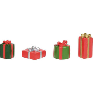 Department 56 miniature hand-painted resin Christmas gift boxes with red green gold ribbons and bows