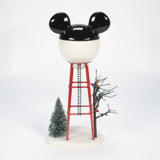 Department 56 Disney Mickey Mouse water tower collectible with red ladder and Christmas decorations