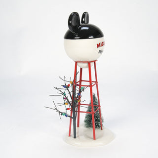 Department 56 Disney Mickey Mouse water tower collectible with red support structure and Christmas tree