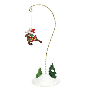 Department 56 Elf Spotlight Aerial ornament with reindeer elf on gold stand with trees