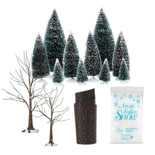 Complete Department 56 Landscape Snow Road set with trees, road sections, and snow bag